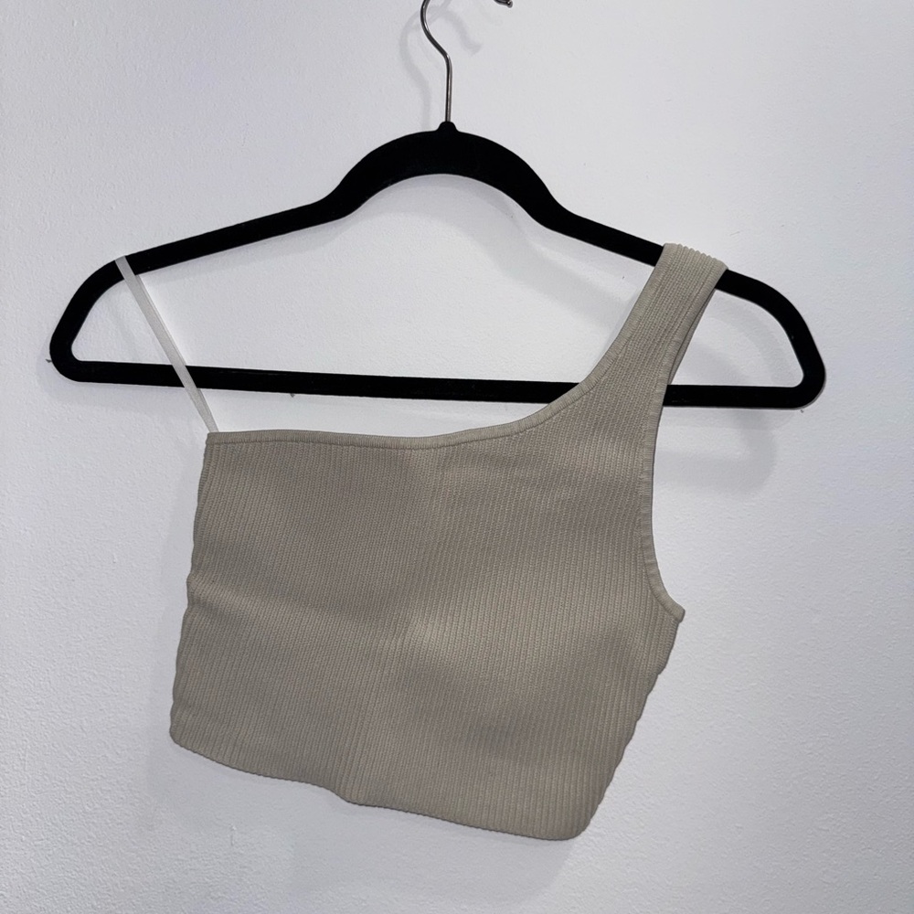 Babaton Tan Asymmetrical Sleeveless Crop Top